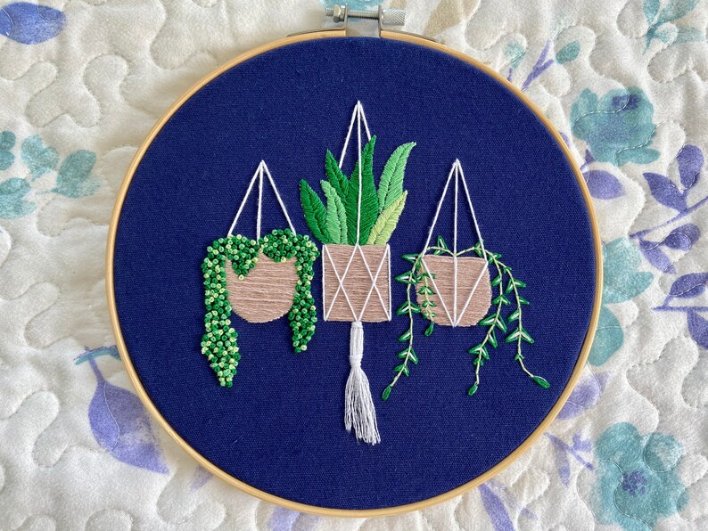 Fern Plants Hanging Basket Embroidery Hand-stitched Framed Wall Art