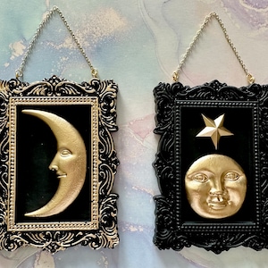 Vintage Celestial Crescent Moon Frame Mini Wall Hangers Man in the Moon Vintage Style Art Gold or Silver Whimsical Decor Gold Set of Both