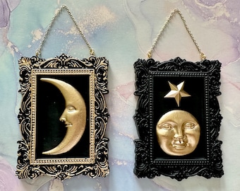 Vintage Celestial Crescent Moon Frame Mini Wall Hangers ~ Man in the Moon Vintage Style Art~ Gold or Silver ~ Whimsical Decor