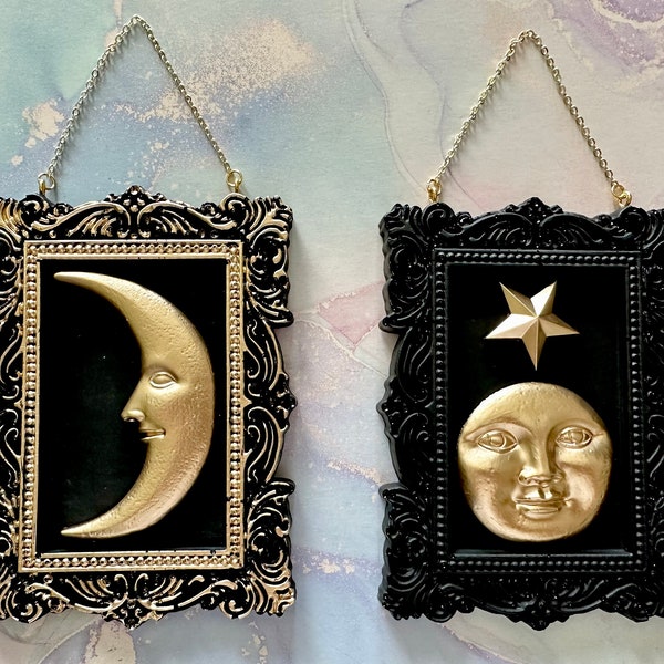 Vintage Celestial Crescent Moon Frame Mini Wall Hangers ~ Man in the Moon Vintage Style Art~ Gold or Silver ~ Whimsical Decor