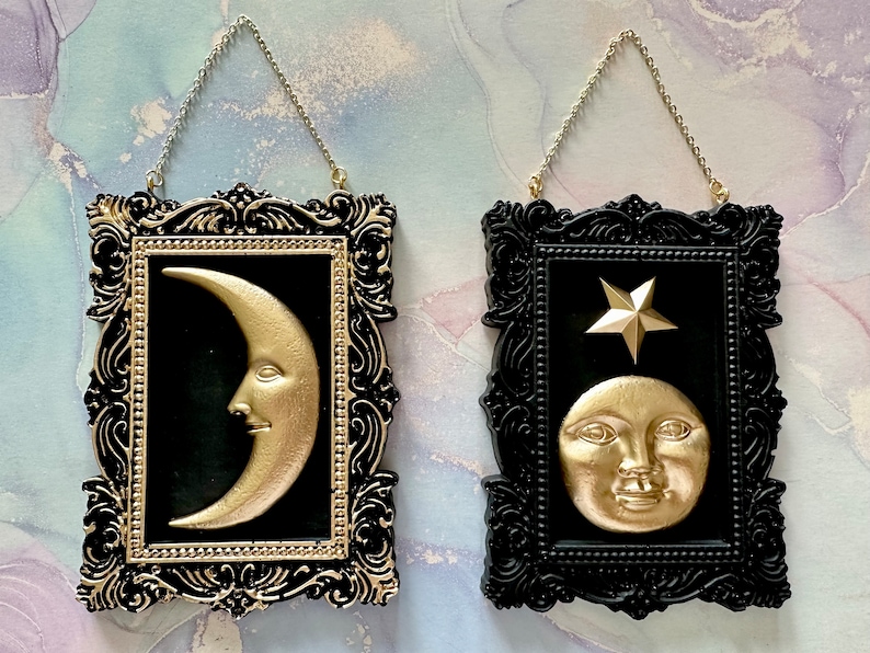 Vintage Celestial Crescent Moon Frame Mini Wall Hangers Man in the Moon Vintage Style Art Gold or Silver Whimsical Decor Gold Set of Both
