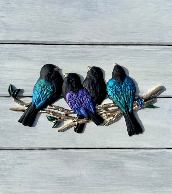 Colorful Birds Wall Art ~ Bird Art ~ Teal Purple Birds on Branch ~ Gothic Art ~ Black Bird Wall Art ~ Crow Art