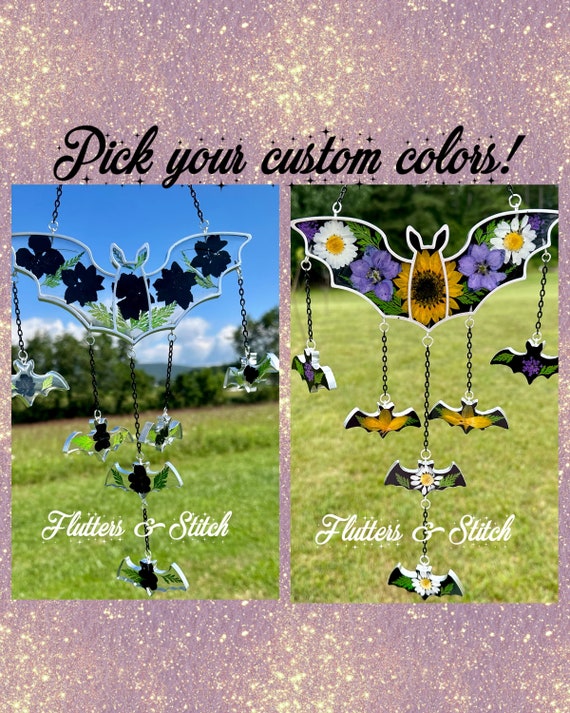 Custom Bat Suncatcher ~ Flower Suncatcher ~ Real Dried Flowers ~ Dried Floral Bat Art ~ Gothic Art