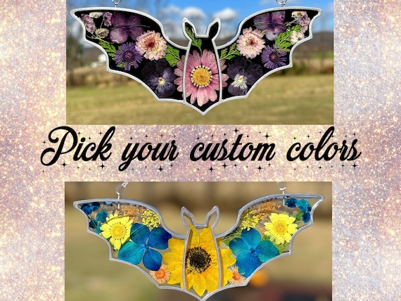 Custom Bat Suncatcher ~ Flower Suncatcher ~ Real Dried Flowers ~ Dried Floral Bat Art ~ Bat Art