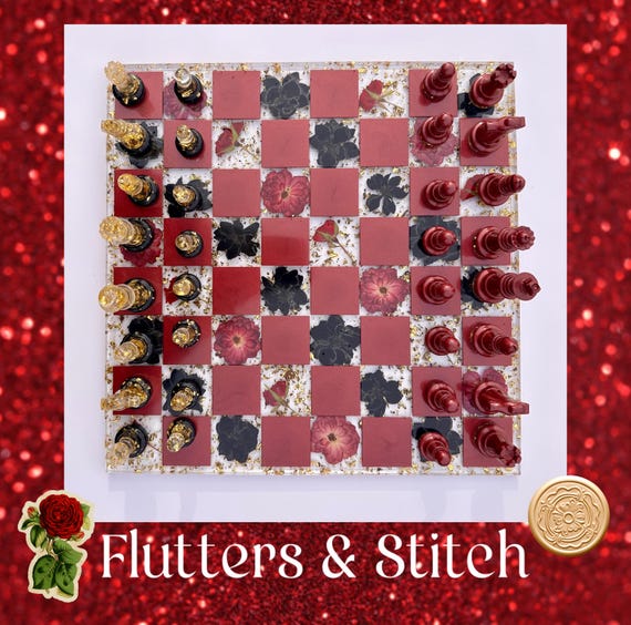 Luxe Valentine's Day Chess Set: Real Red Roses Black Pressed Flowers, Gold Flake Resin Chessboard- 32 Chess pieces Included- LIMITED EDITION