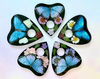 Ouija Board ~ Spirit Board Planchette ~ Ouija Planchette~ Morpho Butterfly~ Pressed Dried Flowers~ Altar Decor~ Sphere Holder