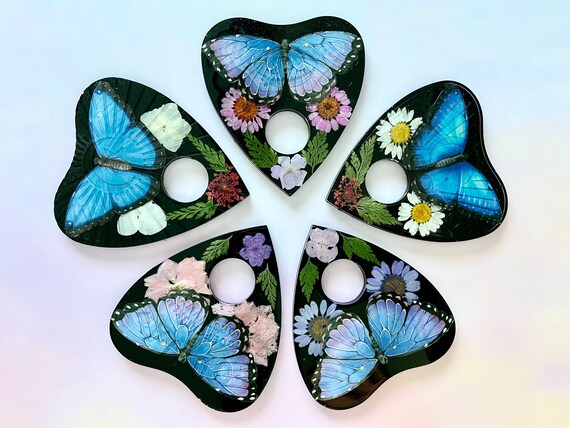 Ouija Board ~ Spirit Board Planchette ~ Ouija Planchette~ Morpho Butterfly~ Pressed Dried Flowers~ Altar Decor~ Sphere Holder
