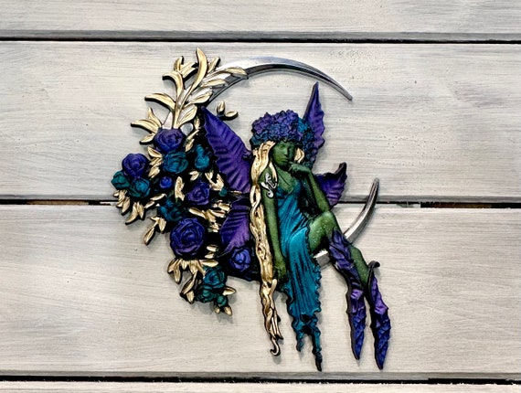 Fairy Wall Art ~ Dark Fae Fairy Art ~ Teal Purple Color-shift ~ Gothic Art ~ Gold Wing Fairy Art ~ Silver Moon Fairy Art