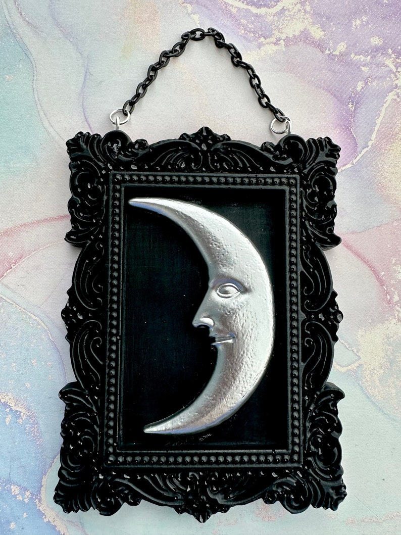 Vintage Celestial Crescent Moon Frame Mini Wall Hangers Man in the Moon Vintage Style Art Gold or Silver Whimsical Decor Silver Lrg Crescent