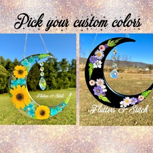 Custom Large Crescent Moon Crystal Suncatcher ~ Colorful Floral Flower Sun Catcher ~ Real Dried Flowers ~ Moon Wall Art