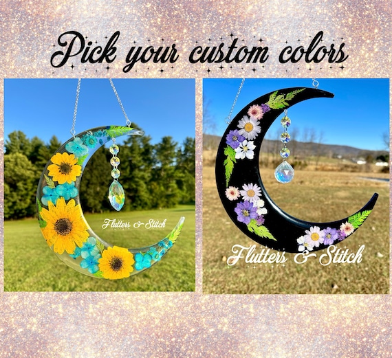 Custom Large Crescent Moon Crystal Suncatcher ~ Colorful Floral Flower Sun Catcher ~ Real Dried Flowers ~ Moon Wall Art