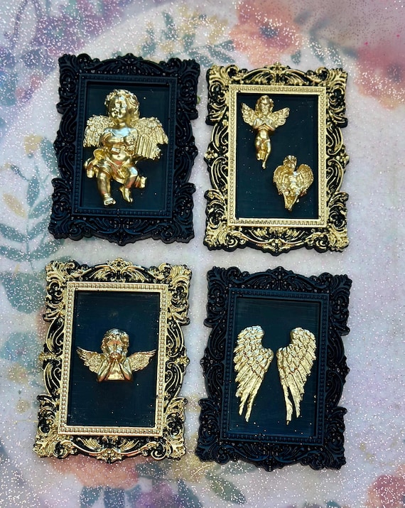 Vintage Victorian Cherub Frame Mini Wall Hangers ~ Baroque Gold Cherub Vintage Style Art~ Gold or Silver ~ Whimsical Decor ~ 4 piece set