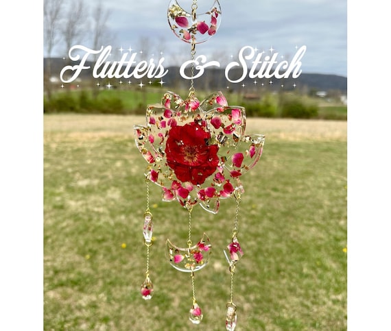 Lotus Flower Suncatcher ~ Dried Pressed Flower ~ Suncatcher~ Roses ~ Gold Flakes ~ Real Red Rose Suncatcher