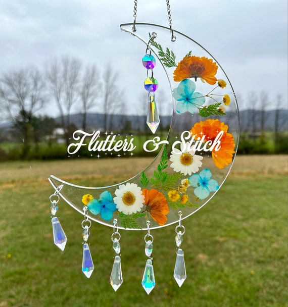 Custom Crescent Moon Suncatcher: Real Dried Flowers & Crystals