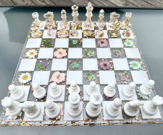 Soft Pastel Floral Chess Board ~ Pink Purple Blue Flower Chess Board Set ~ Real Flowers ~ White Pearl Chess Set ~ Real Pressed Flowers