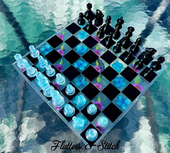 Blue & Purple Floral Chess Board ~ Flower Chess Board Set ~ Real Flower Chess Board ~ Chess Set ~ Real Pressed Flowers ~ Micro Glitter