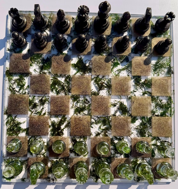 Golden Forest Complete Chess Set: Woodsy Metallic Board with Real Moss and 32 Moss and Metallic Pieces