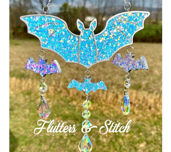 Crystal Iridescent Bat Suncatcher ~ Diamond Sparkle Bat Suncatcher ~ Pastel Goth Decor ~ Glitter Goth Bat Decor