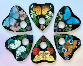 Spirit Board Planchette ~ Ouija Planchette~ Butterfly & Moth Planchette ~ Pressed Dried Flowers~ Altar Decor ~ Sphere Holder