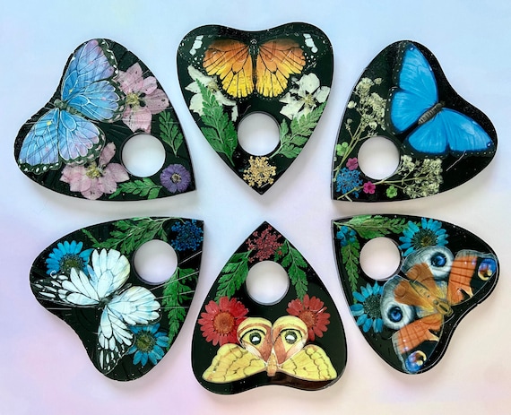 Spirit Board Planchette ~ Ouija Planchette~ Butterfly & Moth Planchette ~ Pressed Dried Flowers~ Altar Decor ~ Sphere Holder