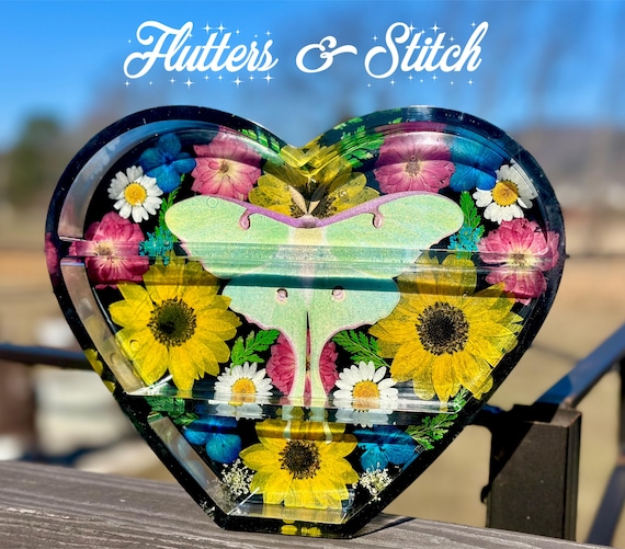 Custom Heart Luna Moth Shelf ~ Crystal Display Shelf ~ Real Flower Shelf ~ Moth Flower Shelf ~ Valentine’s Day Gift
