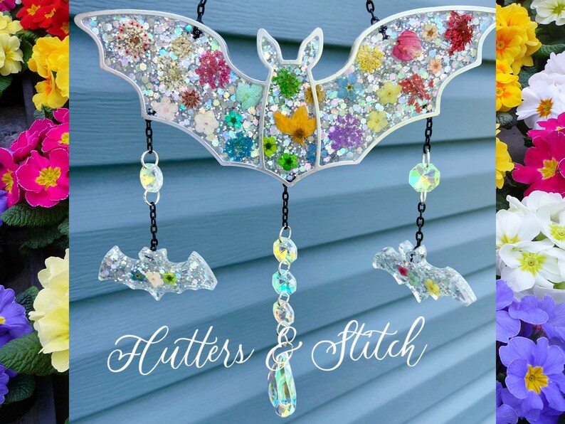 Rainbow store Crystal Bat Suncatcher ~ Crystal Flower Suncatcher ~ Real Dried Flowers