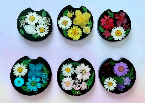 Flower Car Coasters ~ Real Dried Flowers Daisies ~ Flower Resin Car Coaster Set of 2 ~ Cute Car Decor ~ Car Accessories