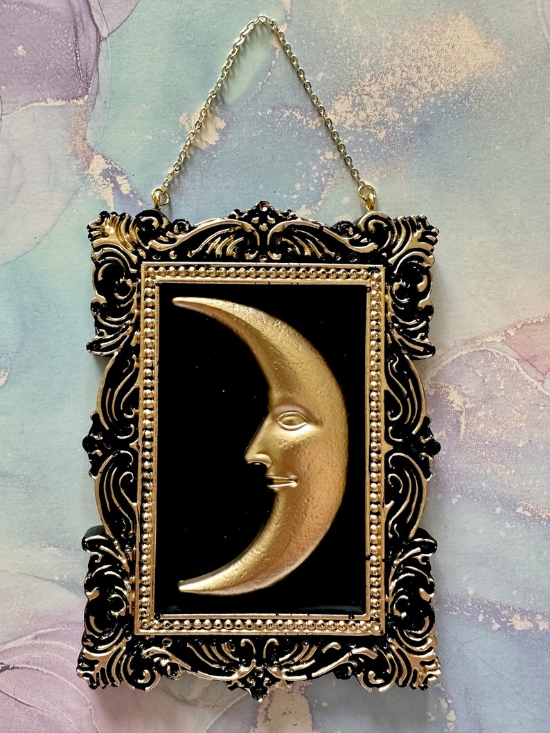 Vintage Celestial Crescent Moon Frame Mini Wall Hangers Man in the Moon Vintage Style Art Gold or Silver Whimsical Decor Gold Large Crescent