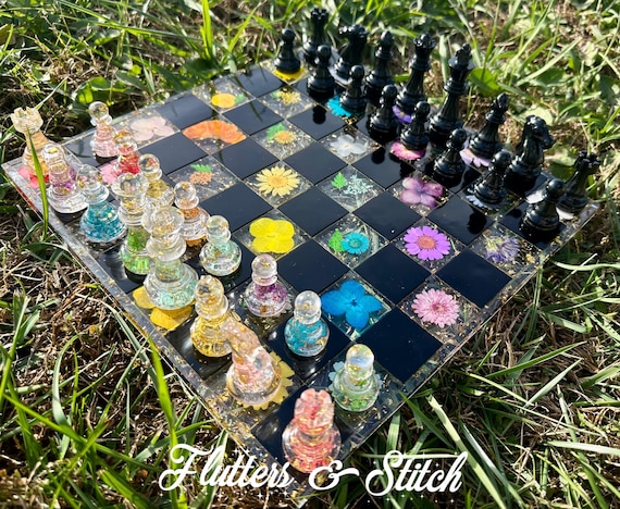 Bright Floral Chess Board ~ Colorful Rainbow Flower Chess Set ~ Real Flowers ~ Gold Flake Chess Set ~ Real Pressed Flowers