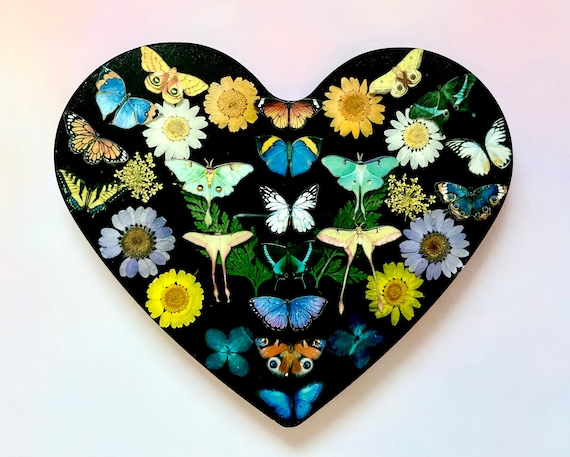 Butterfly Moth Heart Art – Real Dried Flowers Wall Decor