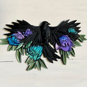 Black Raven Wall Art ~ Black Bird Art ~ Teal Purple Roses ~ Gothic Wall Art~ Whimsigoth Decor