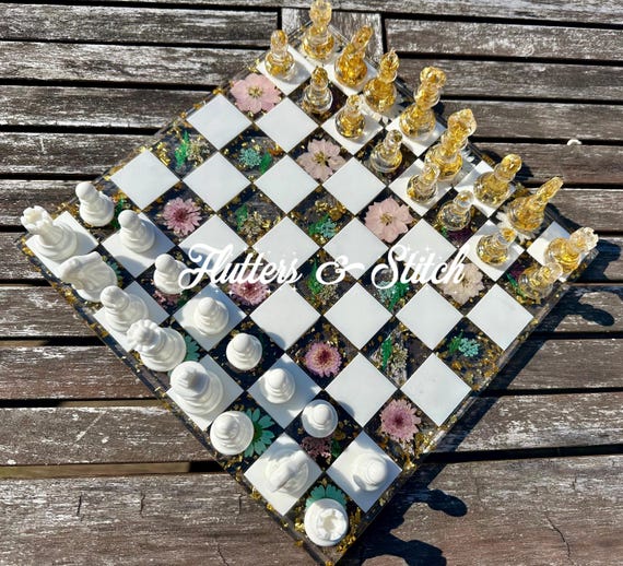 Soft Pastel Floral Chess Board ~ Pink Purple Blue Flower Chess Board Set ~ Real Flowers ~ White Pearl Chess Set ~ Real Pressed Flowers