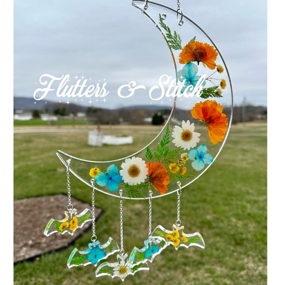 Moon Bat Suncatcher: Dried Pressed Flowers, Custom Crescent Moon Wall Art