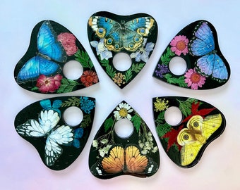 Ouija Board ~ Spirit Board Planchette ~ Ouija Planchette~ Butterflies ~ Moths ~ Pressed Dried Flowers~ Altar Decor~ Sphere Holder