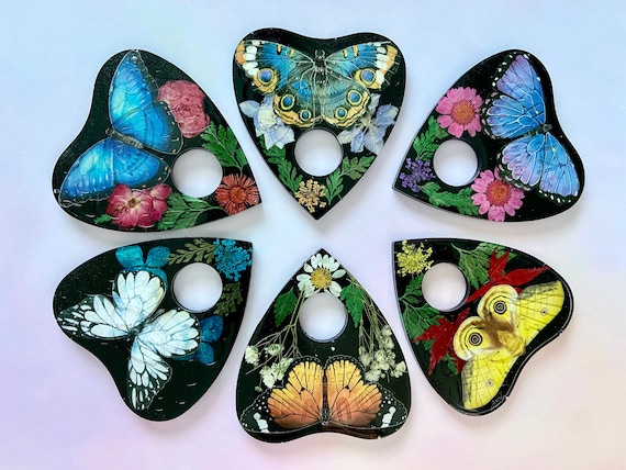 Ouija Board ~ Spirit Board Planchette ~ Ouija Planchette~ Butterflies ~ Moths ~ Pressed Dried Flowers~ Altar Decor~ Sphere Holder