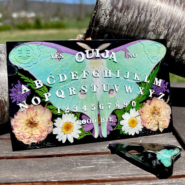 Ouija Board ~ Luna Moth Mini Ouija Board~ Butterflies ~ Moths ~ Pressed Dried Flowers ~ Planchette~ Wall Hanging~ Altar Decor