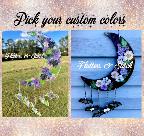 Moon Bat Suncatcher ~ Colorful Floral Flower Sun Catcher ~ Real Dried Pressed Flowers ~ Custom Crescent Moon Wall Art