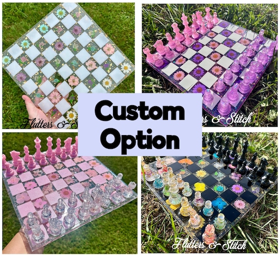 Custom Resin Chess Set~ Real Flower Chess Board Set ~ Real Flower Chess Board ~ Chess Set ~ Real Pressed Flowers ~ Custom Glitter Chess