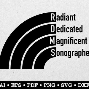 Könnte beinhalten: Schwarzweißes Grafikdesign mit einem Regenbogenbogen und dem Text "Radiant Dedicated Magnificent Sonographer".