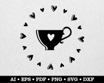 Teacup With Hearts, Teacup svg, Tea svg, Tea Time svg, Tea Party svg, ai eps pdf svg png dxf