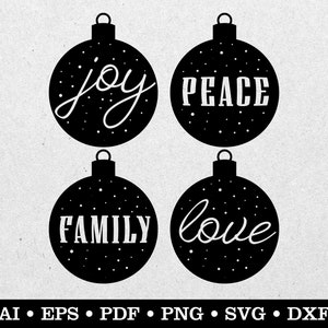 Bolas de Navidad clipart, Decoraciones navideñas svg, Adornos de árbol de Navidad, alegría, paz, familia, amor, ai eps pdf svg png dxf