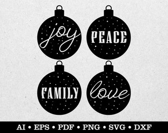 Christmas balls clipart, Christmas decorations svg, Christmas tree ornaments, joy, peace, family, love, ai eps pdf svg png dxf