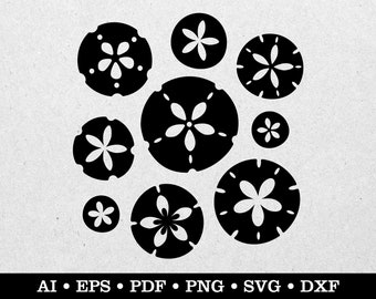 May include: A set of eight black and white sand dollar silhouettes with a five-pointed star design in the center of each.