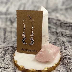 Gemstone Moon and Stars Charm Earrings, Rose Quartz, Customise, Choose Your Crystal, Handmade, Personalised gift.