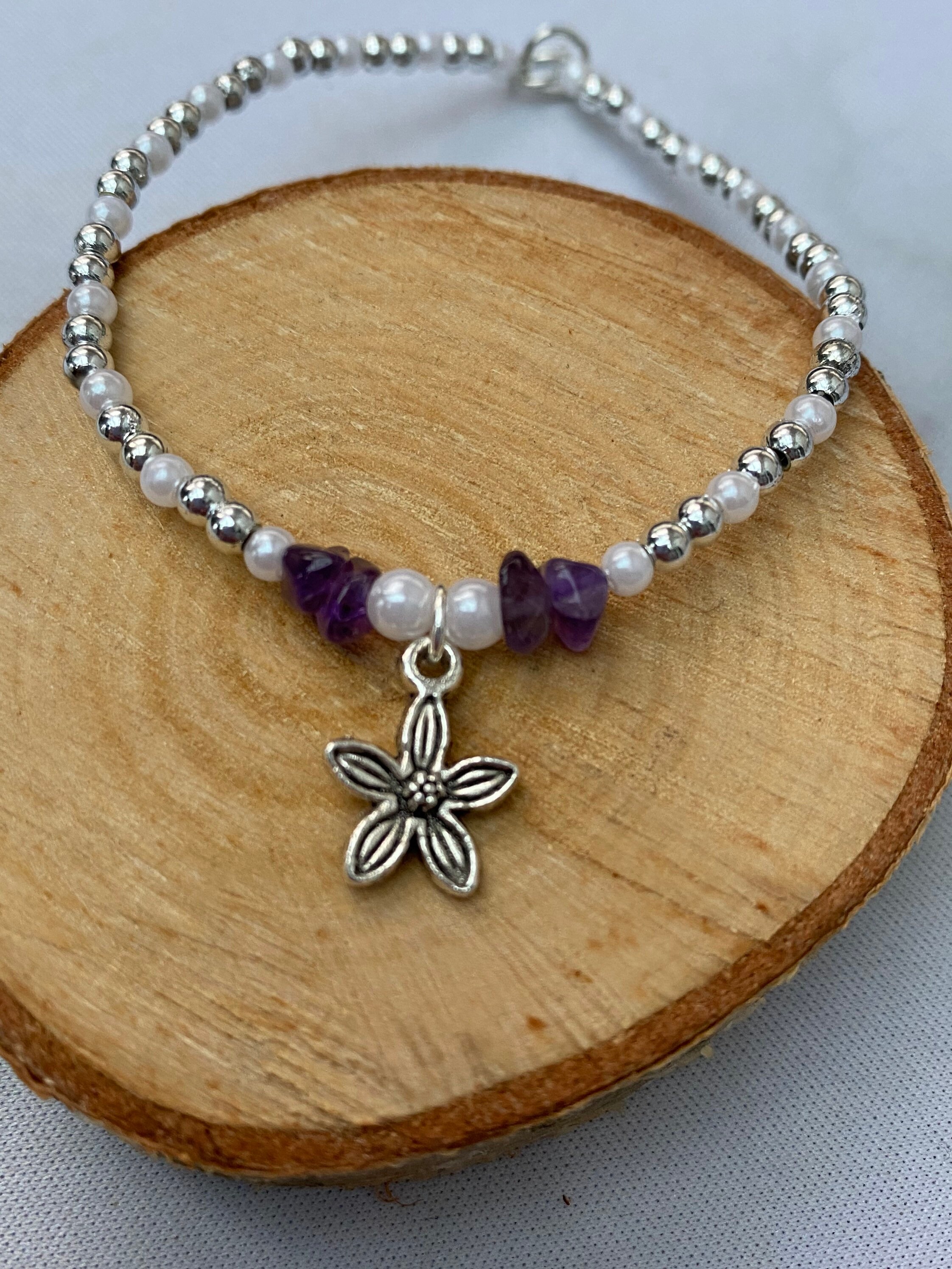 Elastic beaded gemstone bracelet with delicate silver charm Etsy