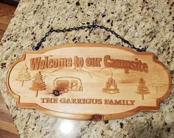 Cedar Camping sign. Custom Campsite sign. Custom sign made for your campsite add your family name Campground sign RV sign.