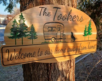 Cedar Camping sign. Custom Campsite sign. Custom sign made for your campsite add your family name Campground sign RV sign.