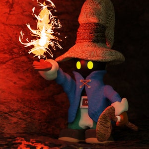 May include: A 3D rendered character with a large straw hat, blue jacket, and green tunic, holding a glowing orange flame. The character has a black head with yellow eyes and is set against a dark, red-toned background.