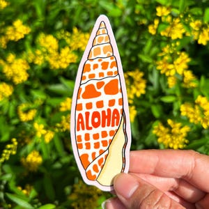 Könnte beinhalten: Ein rosa-oranger Muschel-Aufkleber mit dem Wort "ALOHA" in weißen Buchstaben. Der Aufkleber hat die Form einer Muschel und ein strukturiertes Muster.