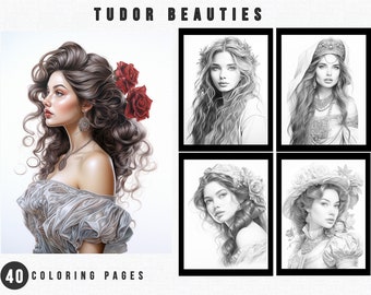 40 Tudor Beauties Grayscale Coloring Pages | AI Art (Printable PDF)